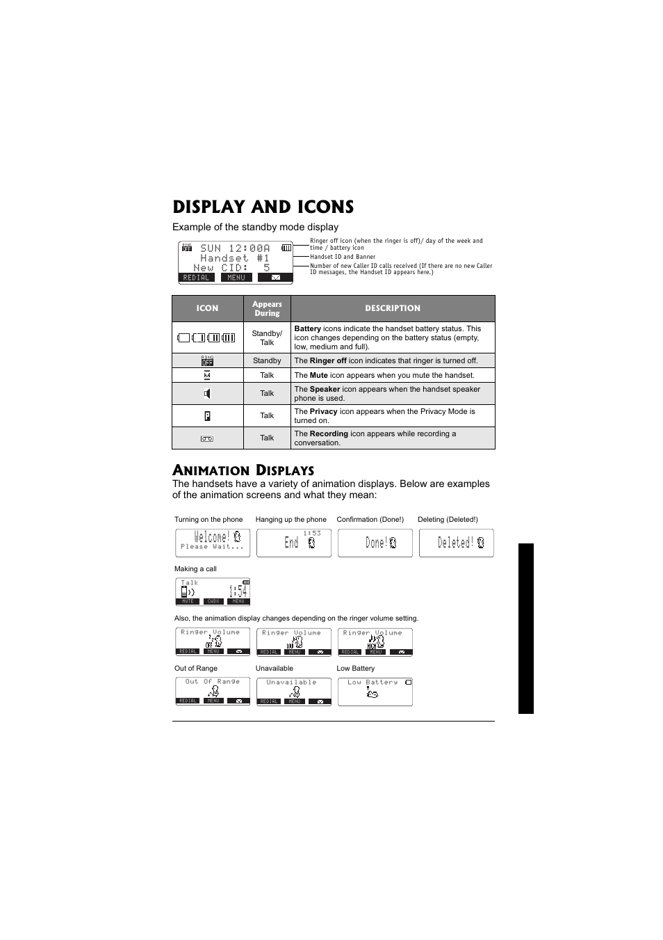 Display and icons, 9gneqog, Qpg &gngvgf | Nimation, Isplays | Radio Shack 43-3880 User Manual | Page 13 / 72