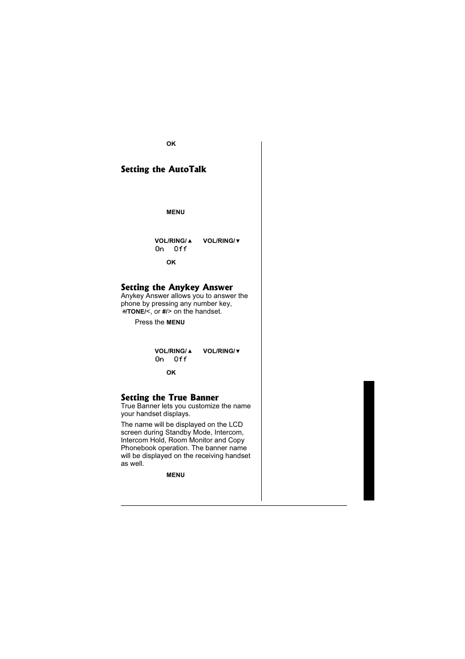 Setting the autotalk, Setting the anykey answer, Setting the true banner | Radio Shack 43-3880 User Manual | Page 19 / 72