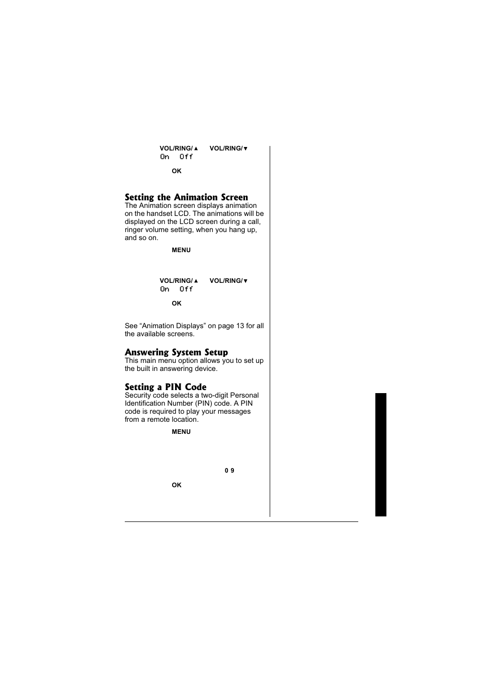 Setting the animation screen, Answering system setup, Setting a pin code | Radio Shack 43-3880 User Manual | Page 21 / 72