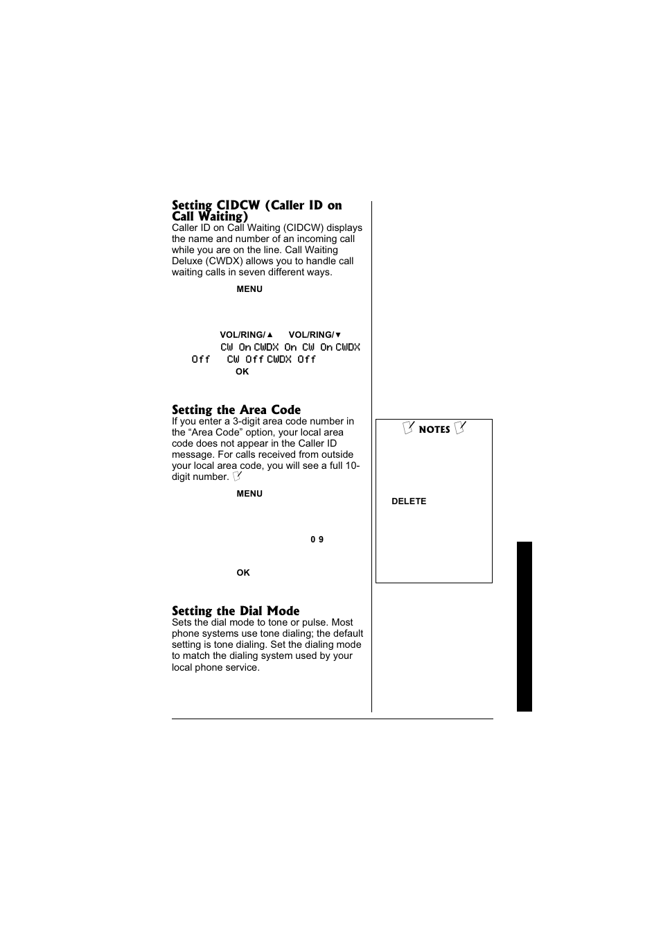 Setting cidcw (caller id on call waiting), Setting the area code, Setting the dial mode | Radio Shack 43-3880 User Manual | Page 25 / 72