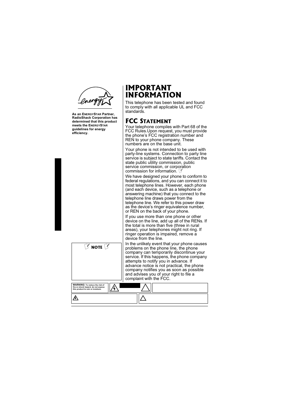 Important information, Fcc s, Tatement | Radio Shack 43-3880 User Manual | Page 4 / 72