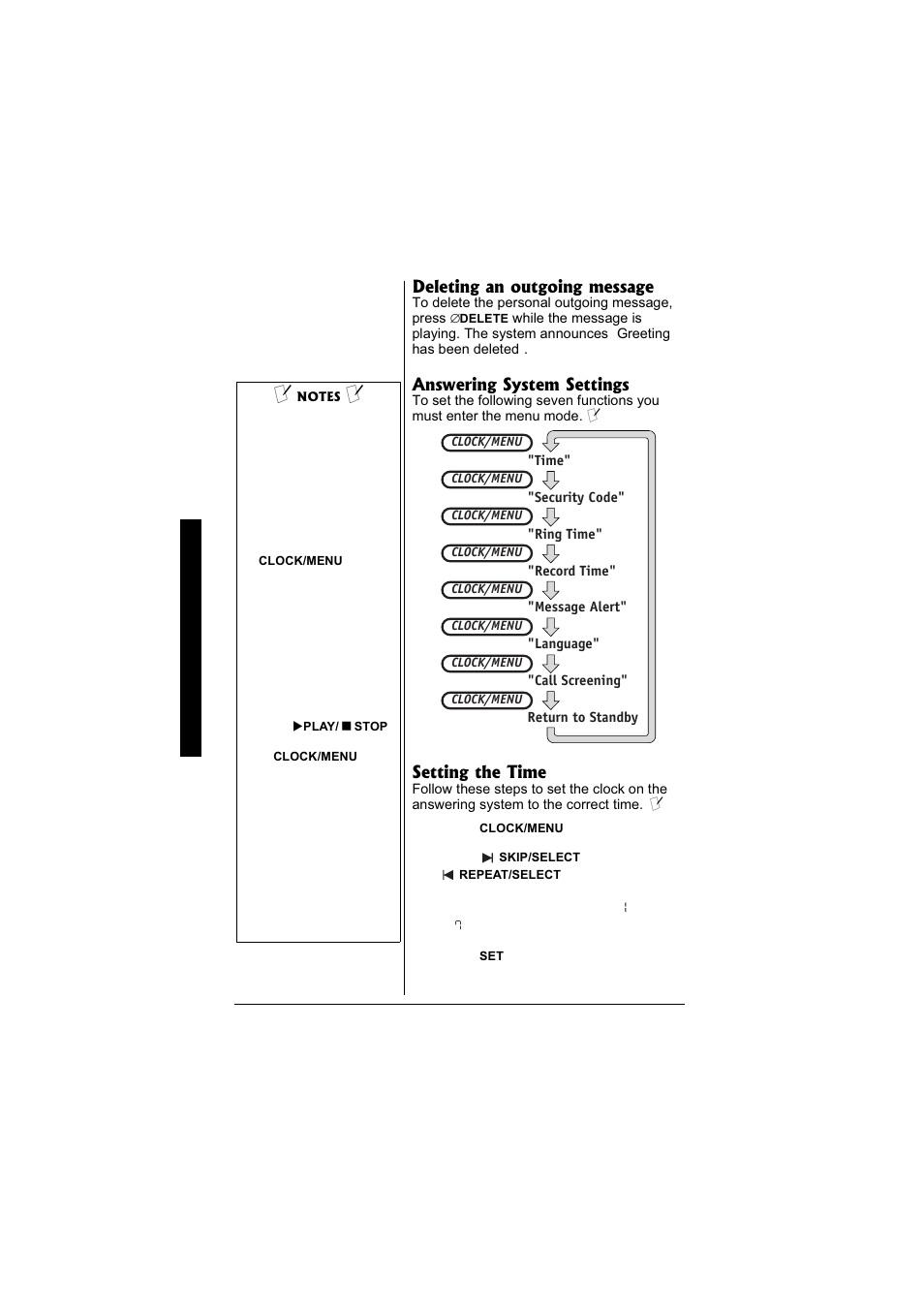 Deleting an outgoing message, Answering system settings, Setting the time | Radio Shack 43-3880 User Manual | Page 54 / 72