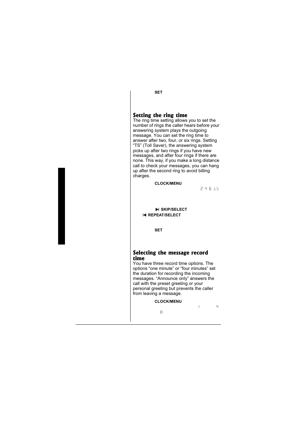 Setting the ring time, Selecting the message record time | Radio Shack 43-3880 User Manual | Page 56 / 72