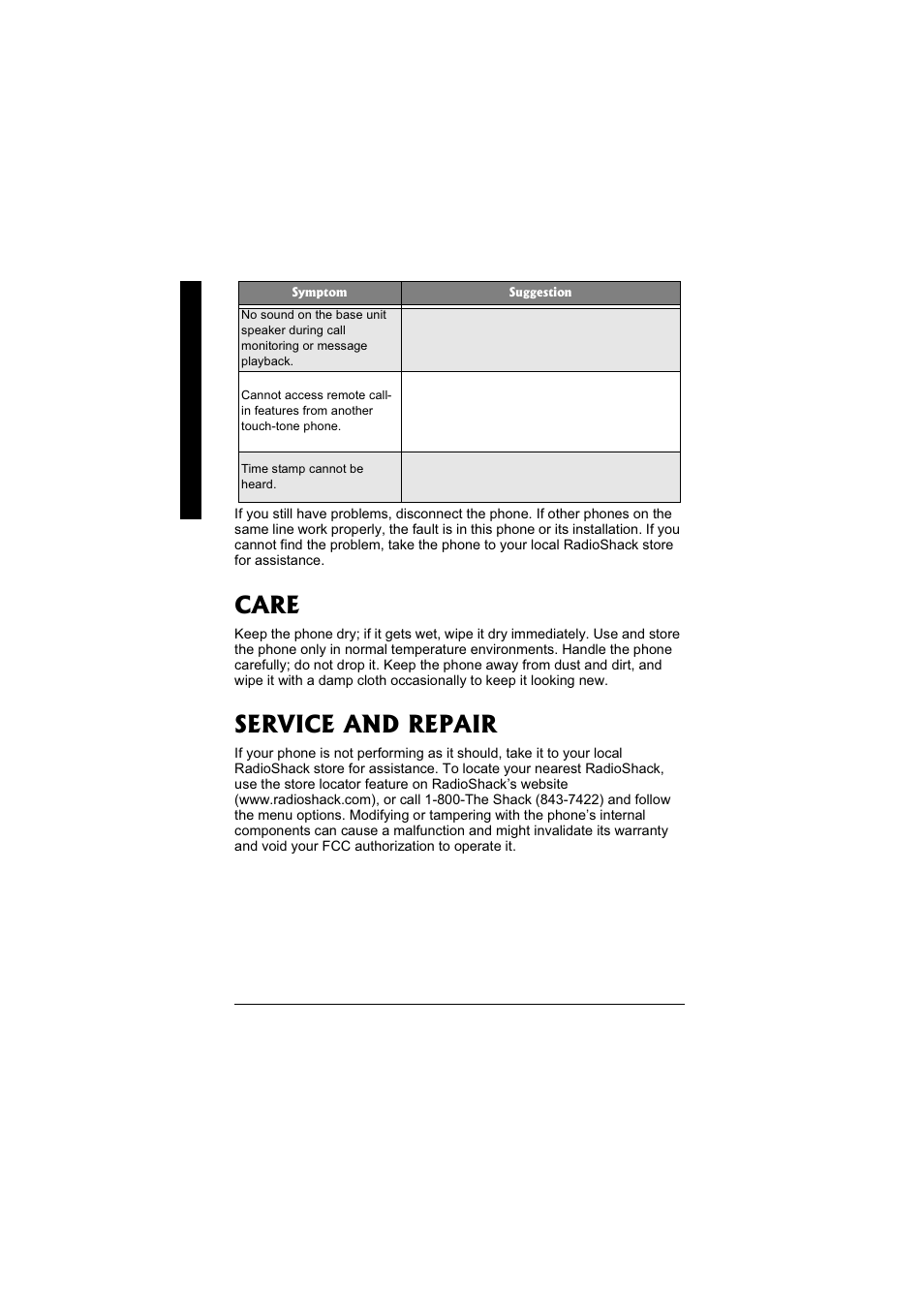 Care, Service and repair | Radio Shack 43-3880 User Manual | Page 70 / 72