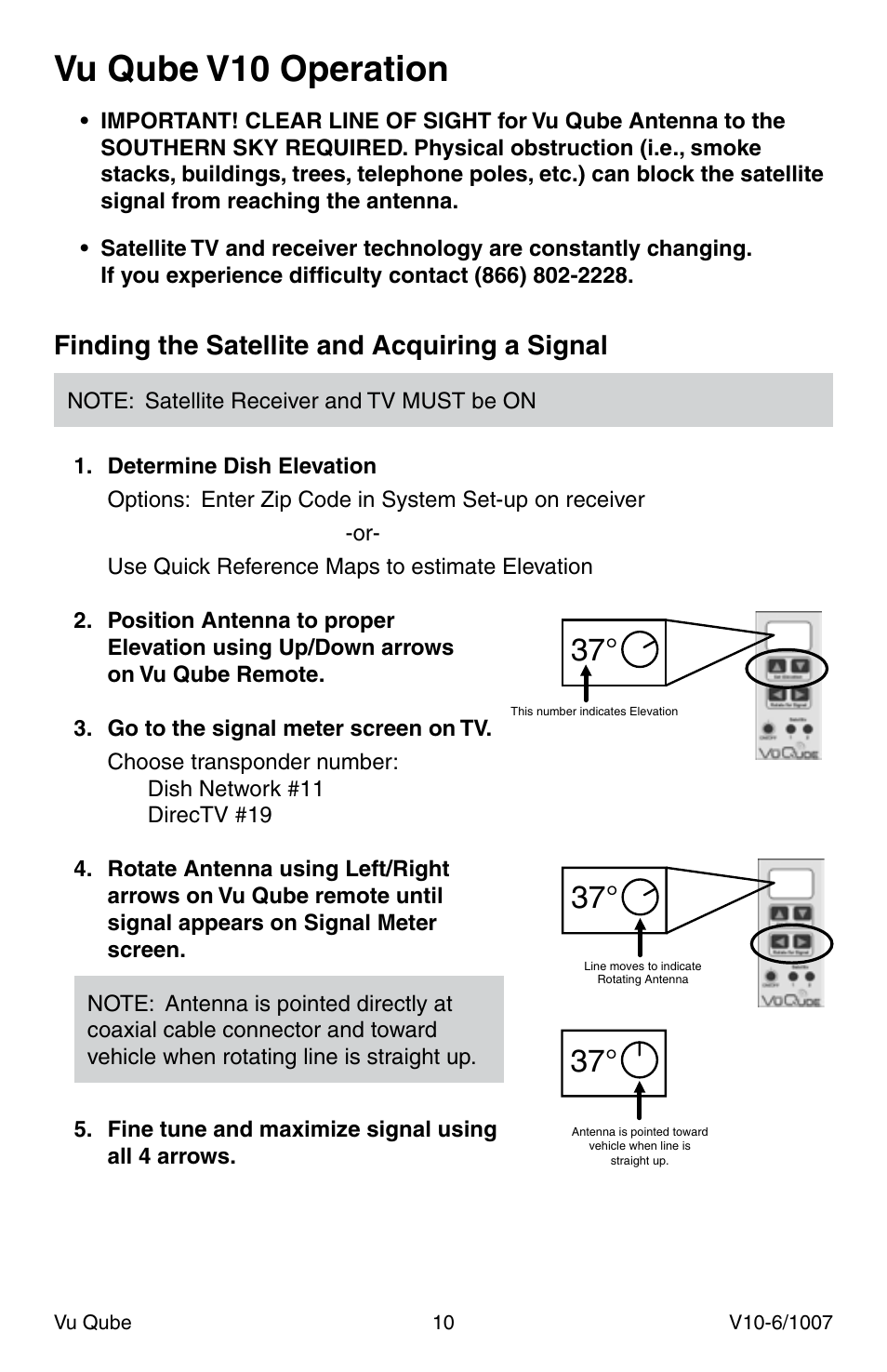 Vu qube v10 operation, Finding the satellite and acquiring a signal | Radio Shack Vu Qube V10 User Manual | Page 10 / 12
