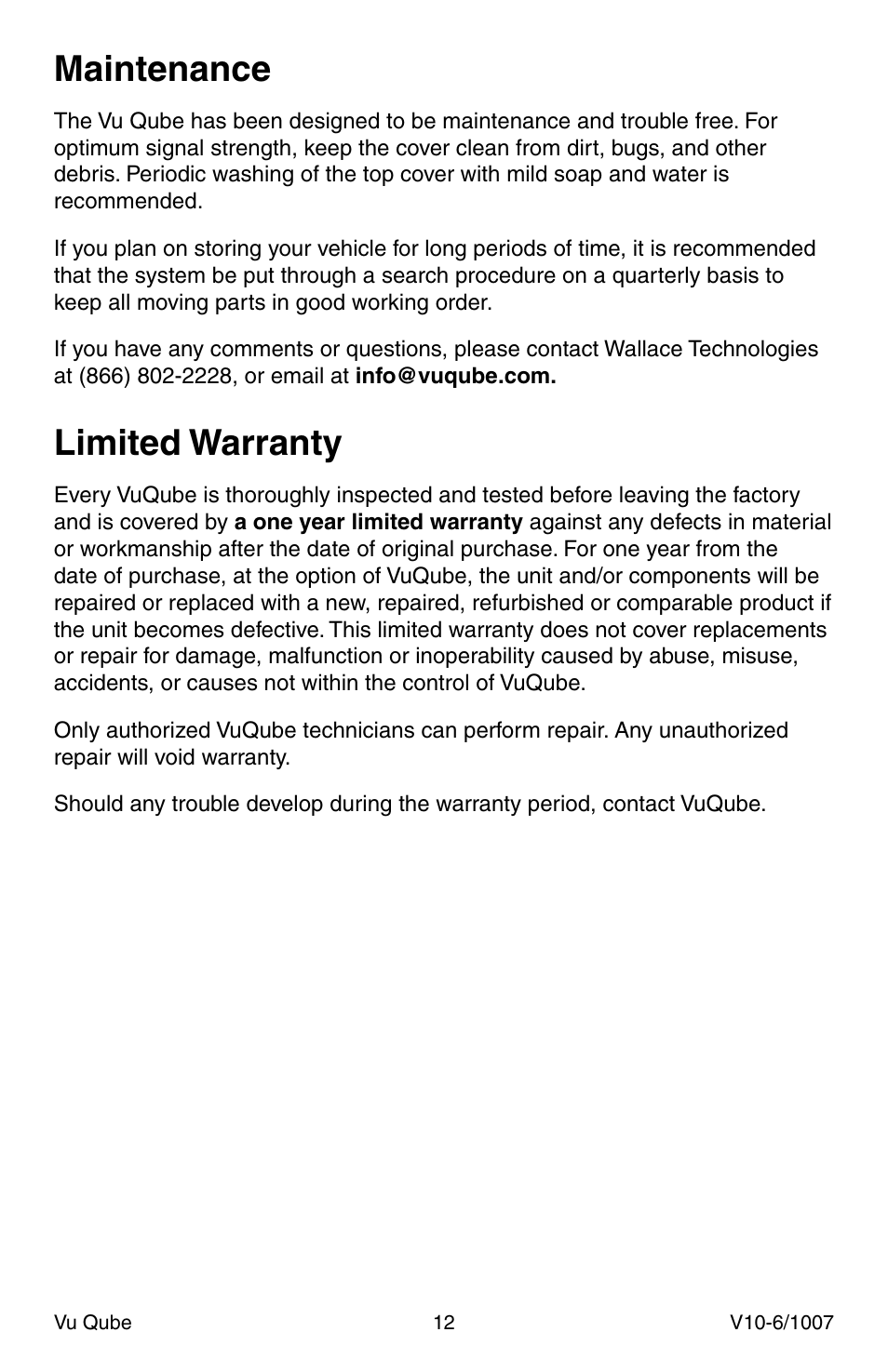 Maintenance, Limited warranty | Radio Shack Vu Qube V10 User Manual | Page 12 / 12