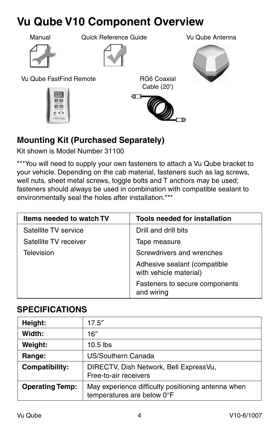 Vu qube v10 component overview, Mounting kit (purchased separately), Specifications | Radio Shack Vu Qube V10 User Manual | Page 4 / 12
