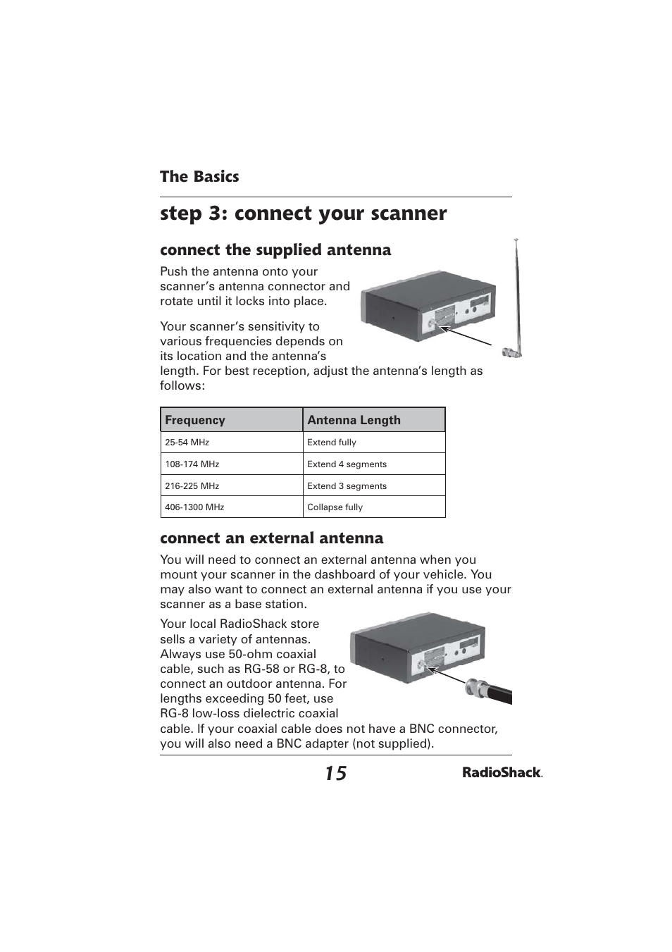 Step 3: connect your scanner, The basics, Connect the supplied antenna | Connect an external antenna | Radio Shack PRO-2096 User Manual | Page 15 / 84