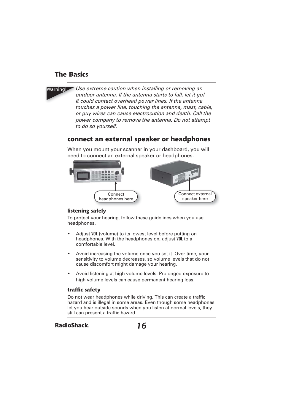 The basics, Connect an external speaker or headphones | Radio Shack PRO-2096 User Manual | Page 16 / 84
