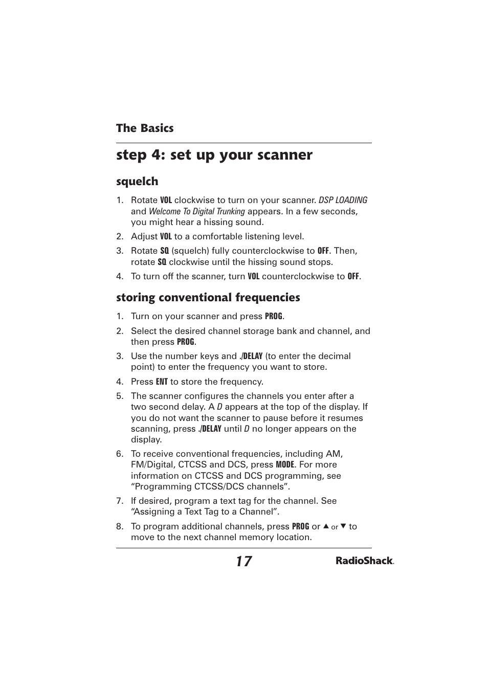 Step 4: set up your scanner, The basics, Squelch | Storing conventional frequencies | Radio Shack PRO-2096 User Manual | Page 17 / 84
