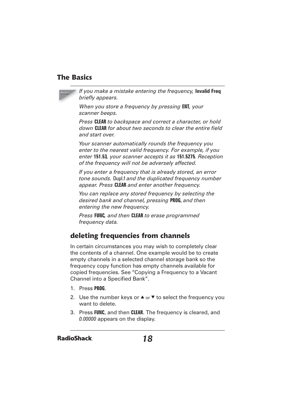 The basics, Deleting frequencies from channels | Radio Shack PRO-2096 User Manual | Page 18 / 84