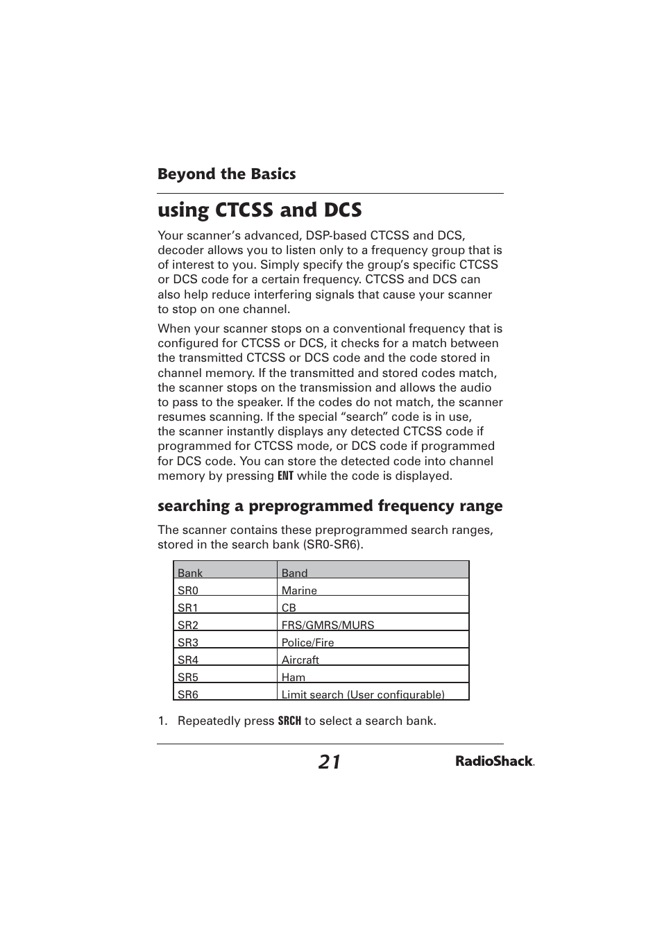 Using ctcss and dcs, Beyond the basics, Searching a preprogrammed frequency range | Radio Shack PRO-2096 User Manual | Page 21 / 84