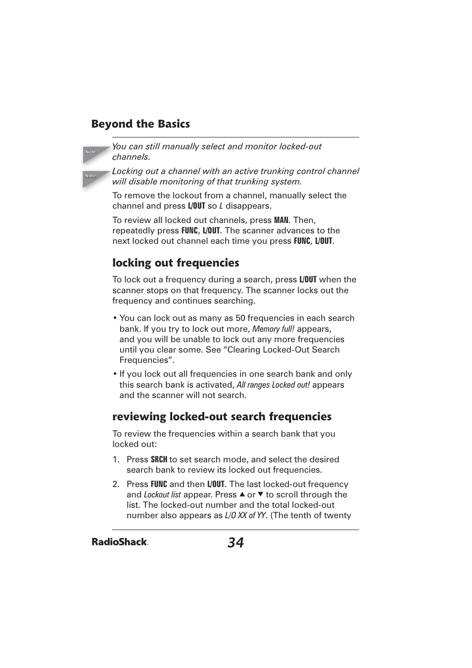 Beyond the basics, Locking out frequencies, Reviewing locked-out search frequencies | Radio Shack PRO-2096 User Manual | Page 34 / 84