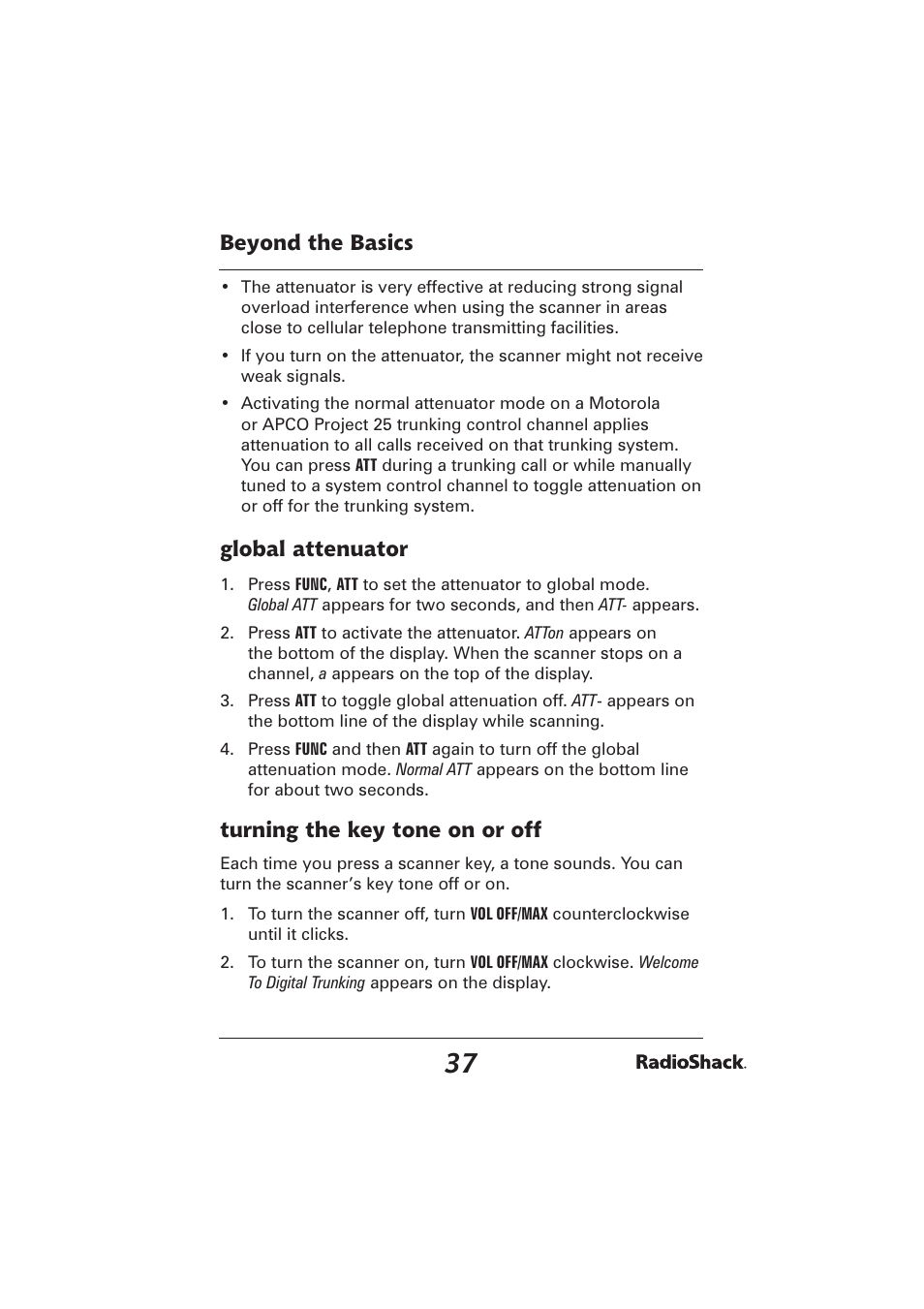 Beyond the basics, Global attenuator, Turning the key tone on or off | Radio Shack PRO-2096 User Manual | Page 37 / 84