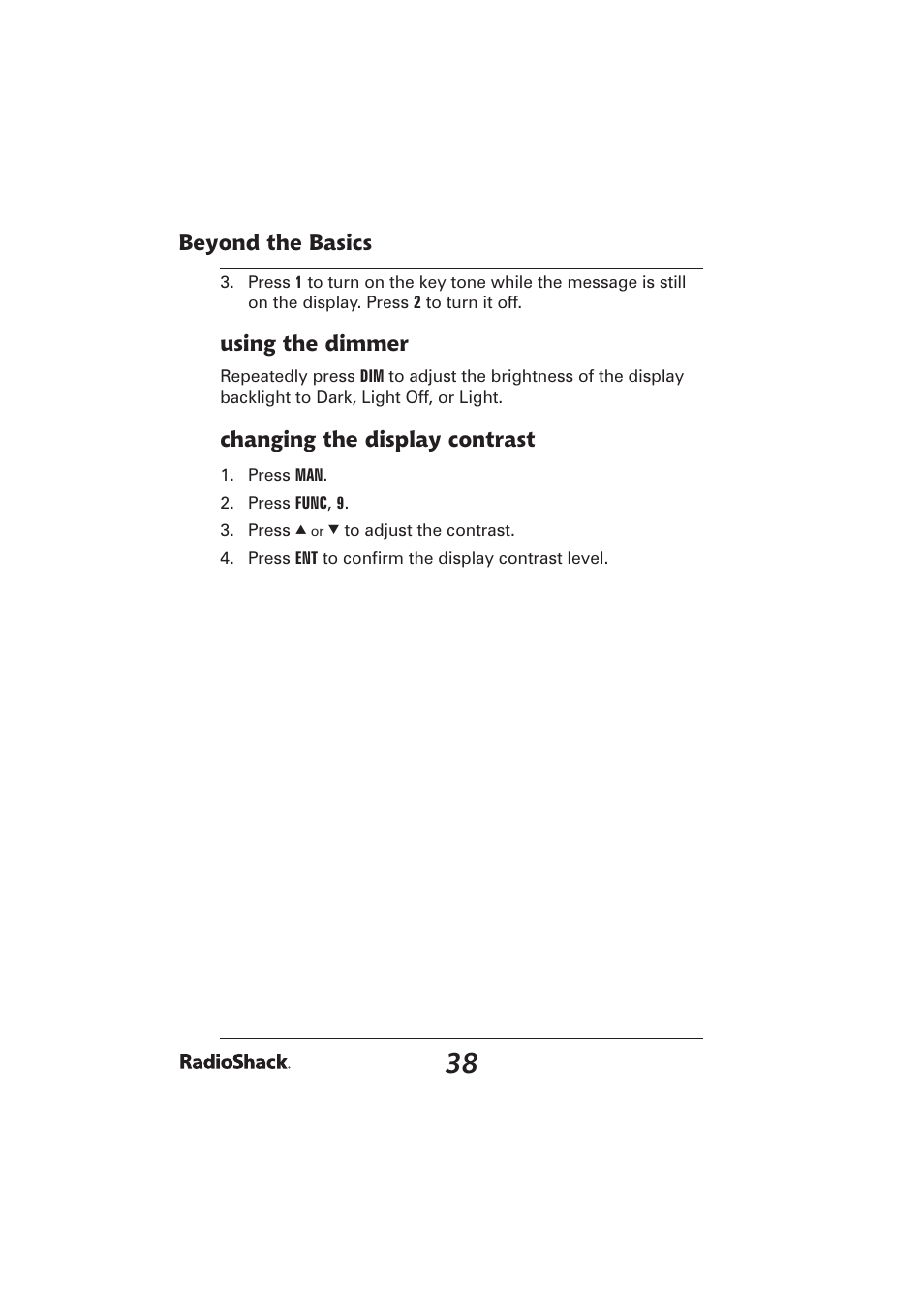 Beyond the basics, Using the dimmer, Changing the display contrast | Radio Shack PRO-2096 User Manual | Page 38 / 84