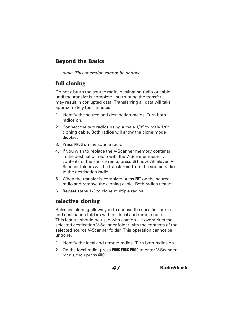 Beyond the basics, Full cloning, Selective cloning | Radio Shack PRO-2096 User Manual | Page 47 / 84