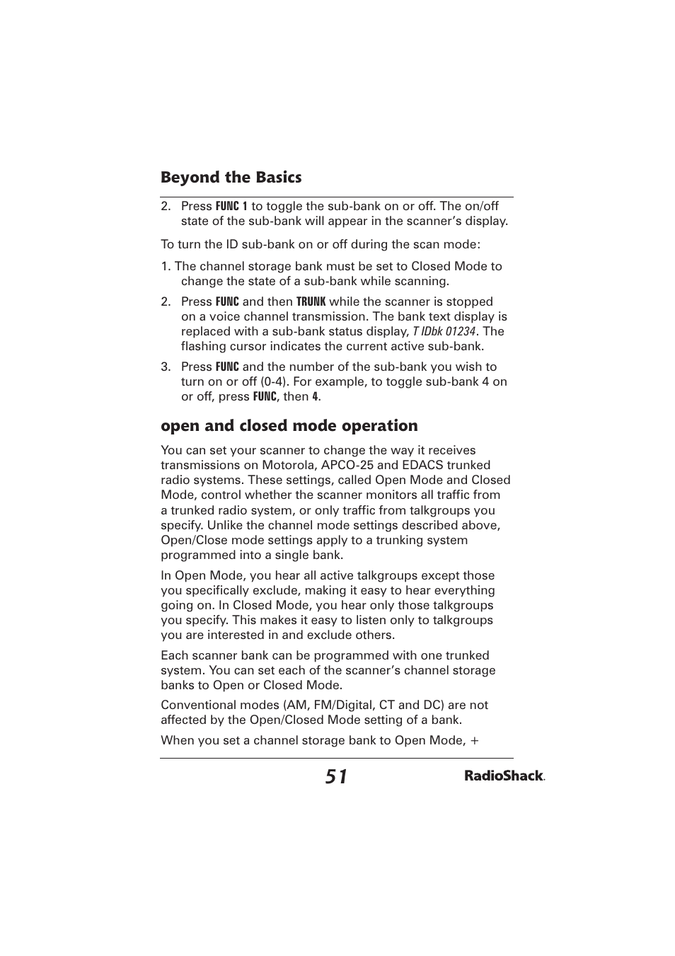 Beyond the basics, Open and closed mode operation | Radio Shack PRO-2096 User Manual | Page 51 / 84