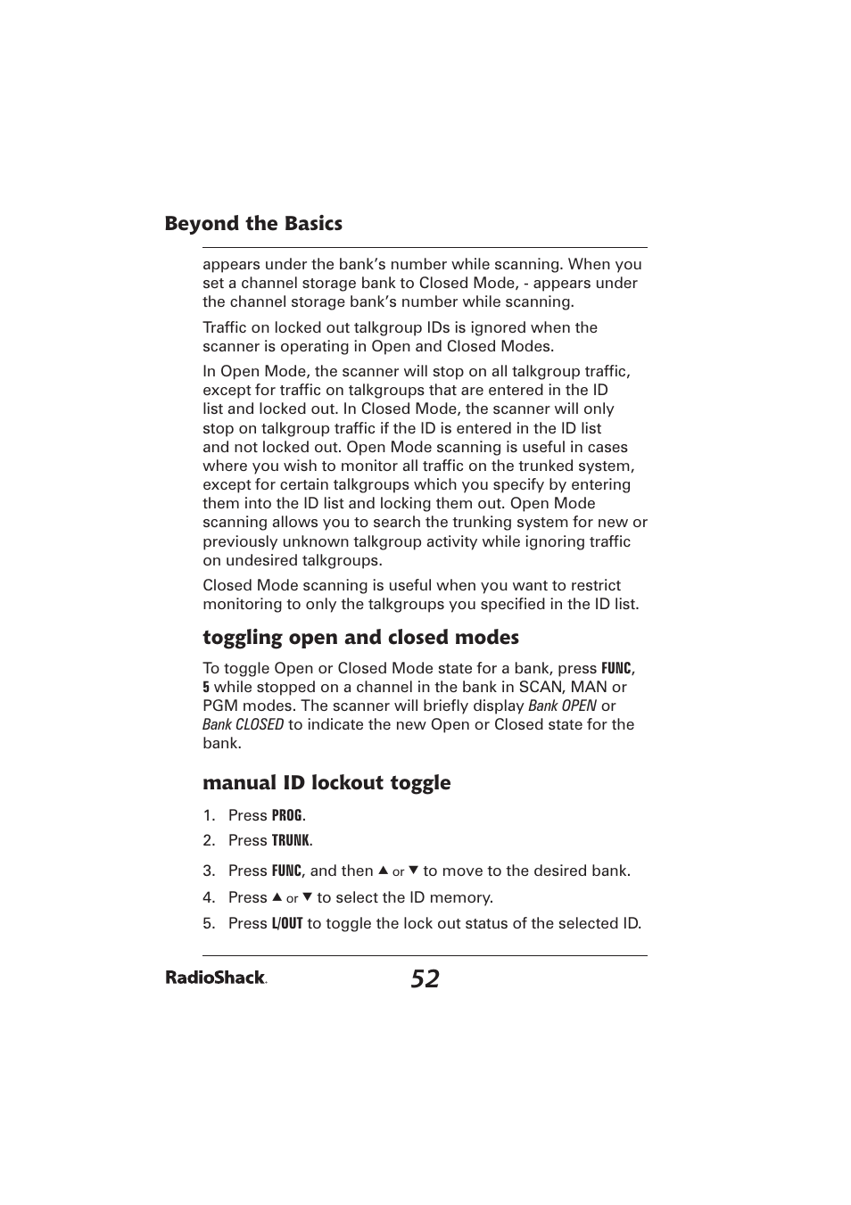 Beyond the basics, Toggling open and closed modes, Manual id lockout toggle | Radio Shack PRO-2096 User Manual | Page 52 / 84