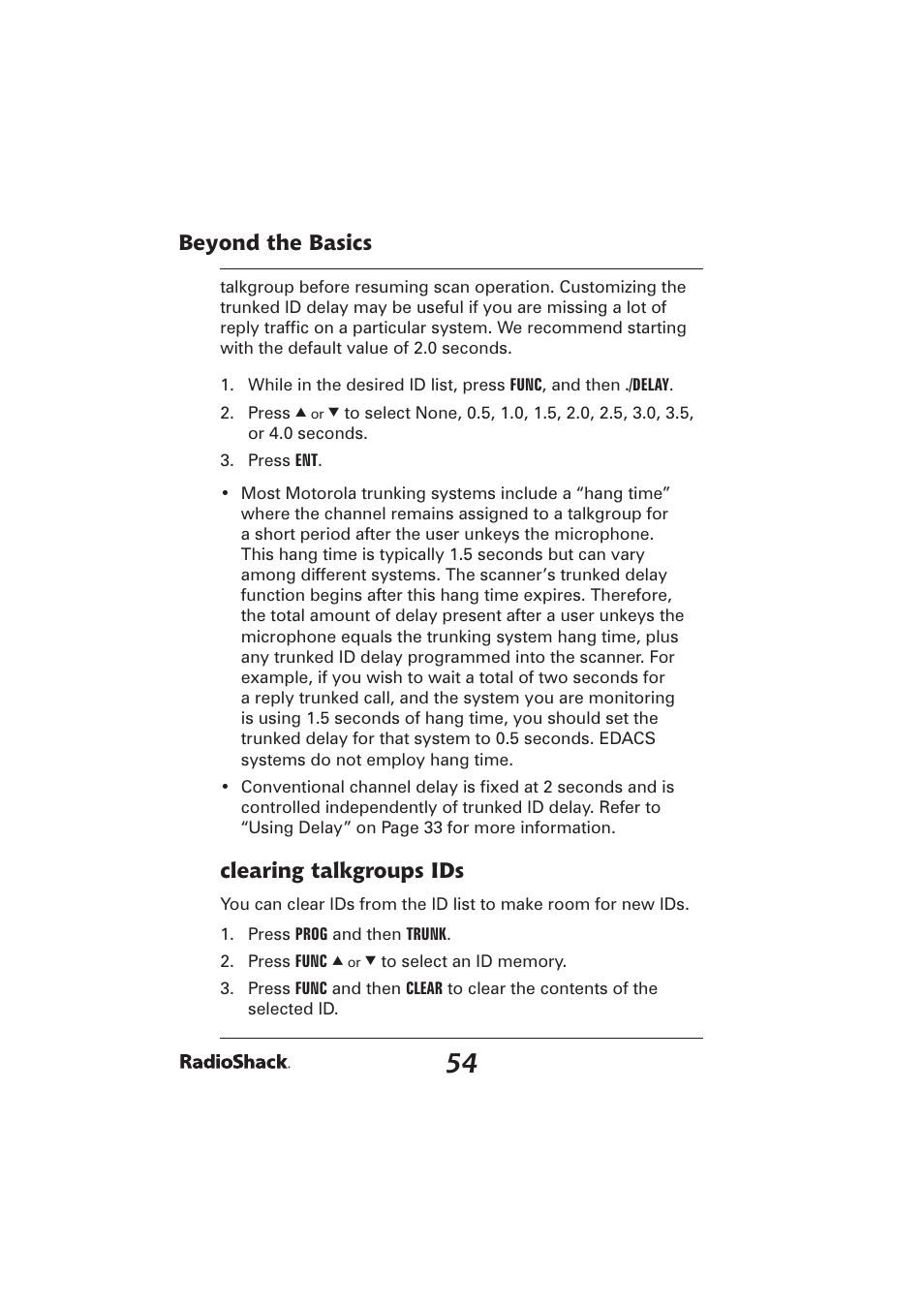 Beyond the basics, Clearing talkgroups ids | Radio Shack PRO-2096 User Manual | Page 54 / 84