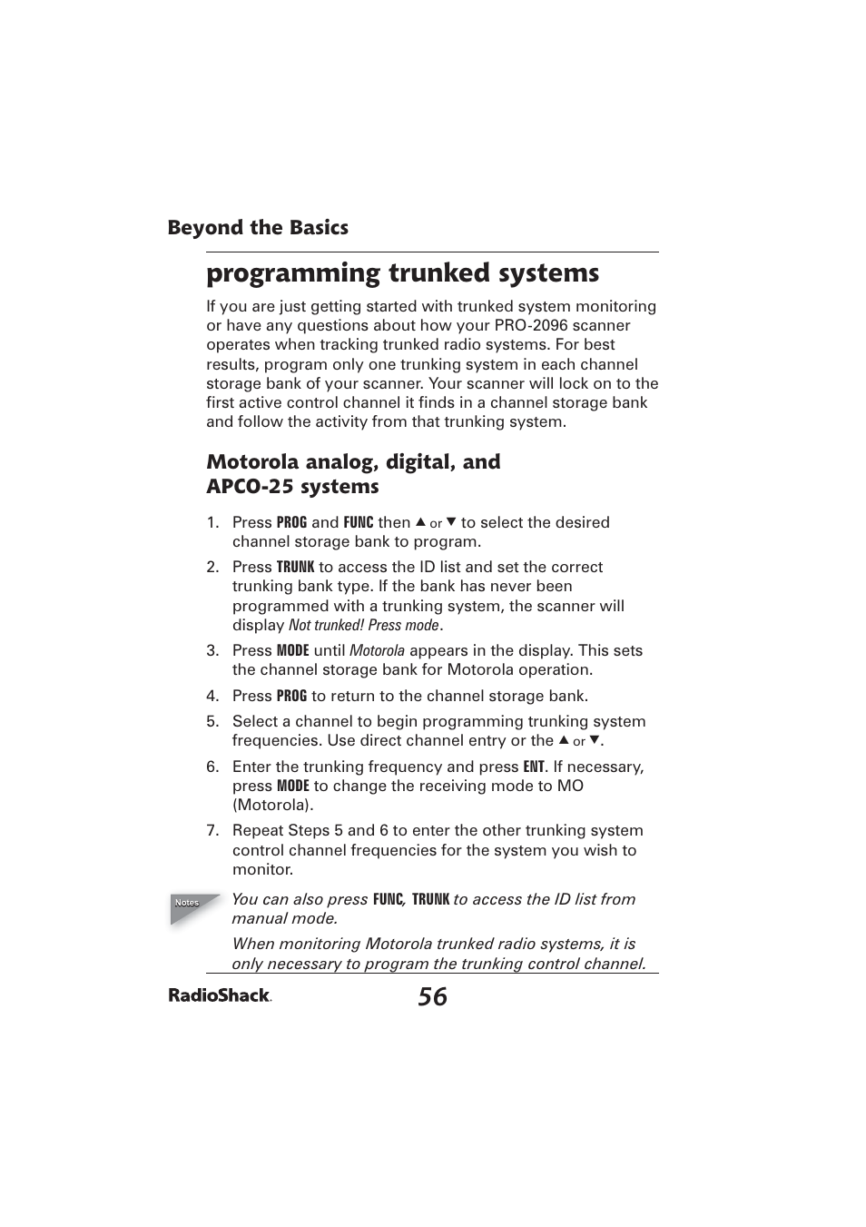 Programming trunked systems, Beyond the basics, Motorola analog, digital, and apco-25 systems | Radio Shack PRO-2096 User Manual | Page 56 / 84