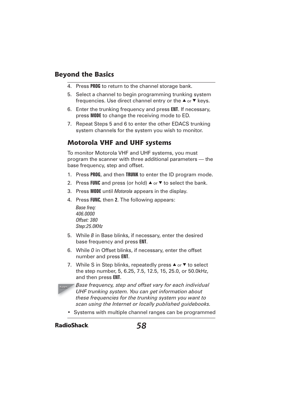Beyond the basics, Motorola vhf and uhf systems | Radio Shack PRO-2096 User Manual | Page 58 / 84