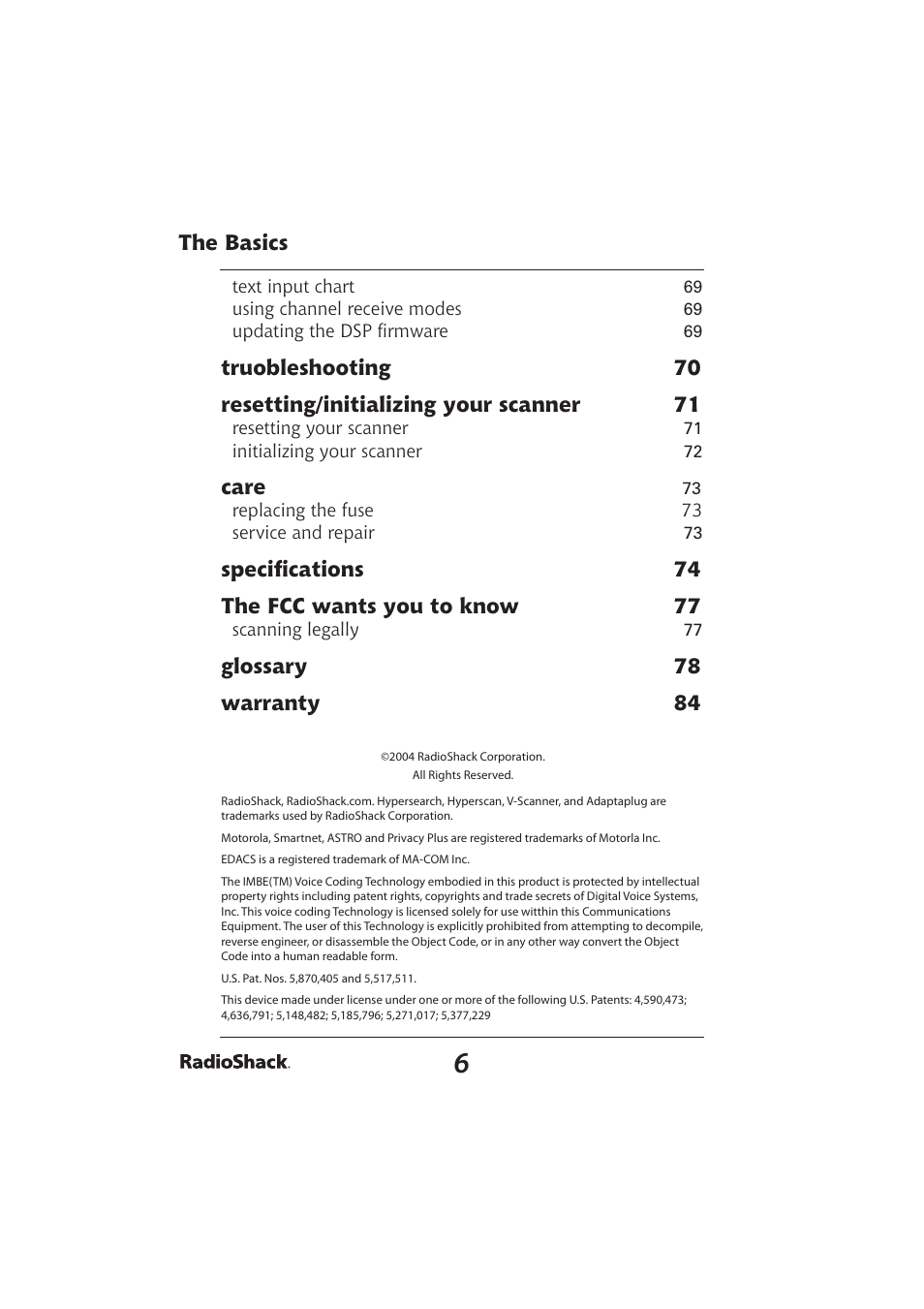 The basics, Care, Speciﬁ cations 74 the fcc wants you to know 77 | Glossary 78 warranty 84 | Radio Shack PRO-2096 User Manual | Page 6 / 84