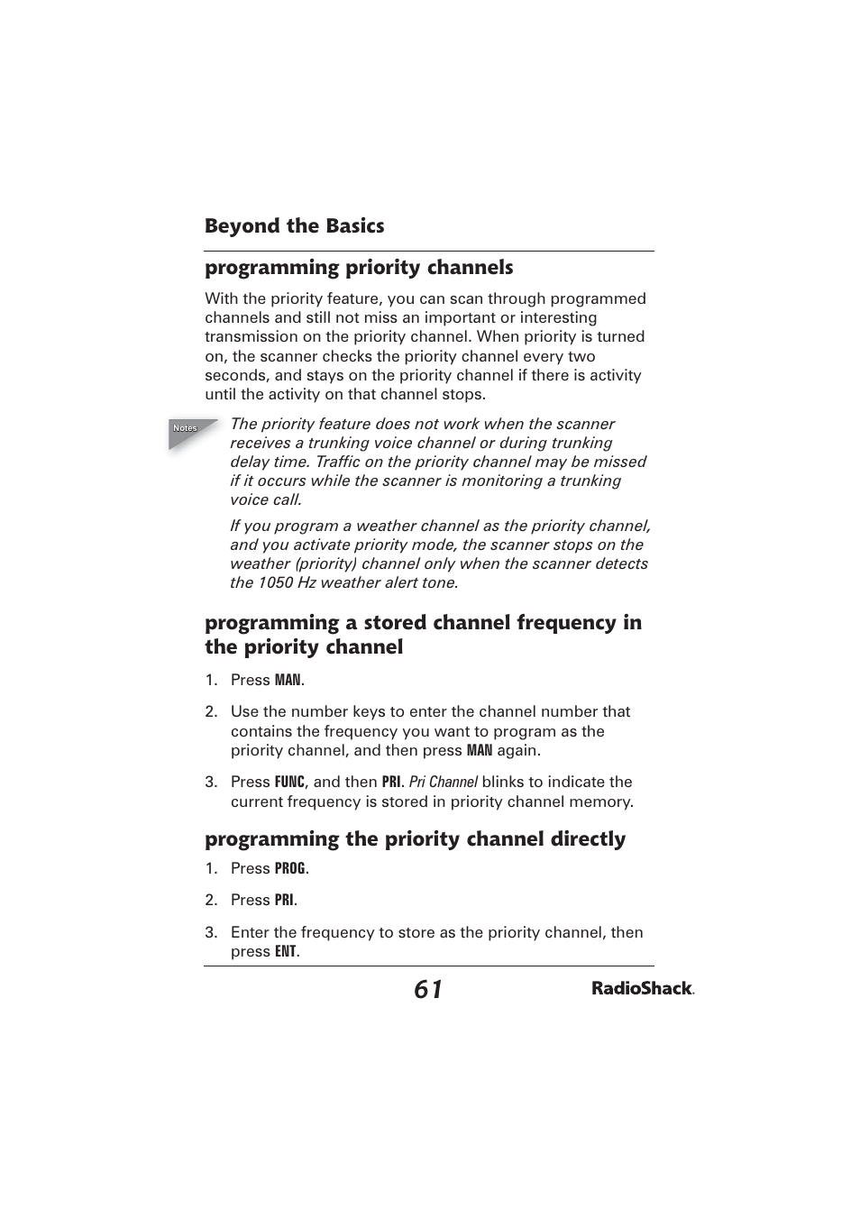 Beyond the basics programming priority channels, Programming the priority channel directly | Radio Shack PRO-2096 User Manual | Page 61 / 84