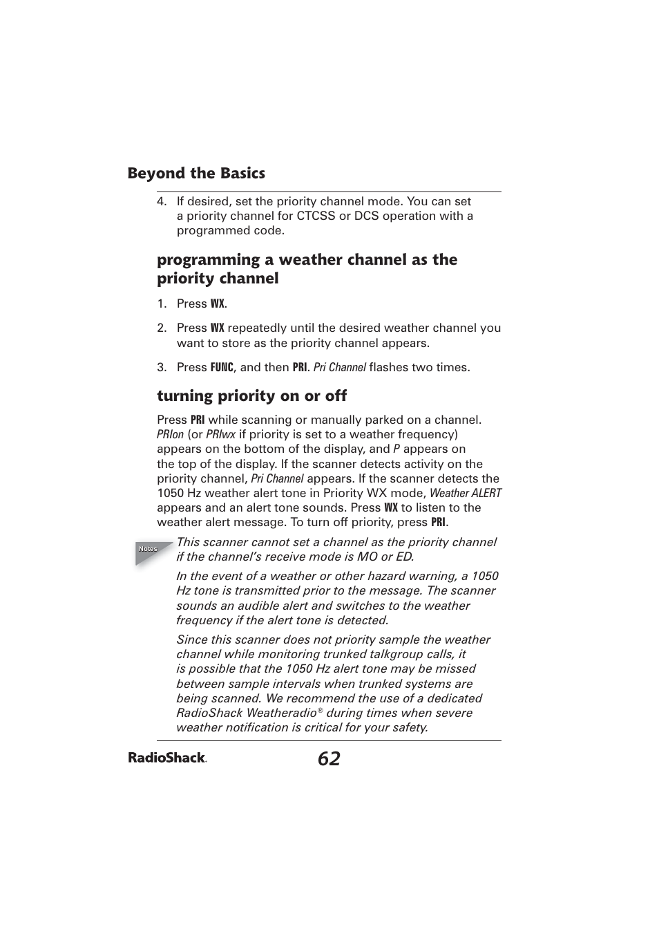 Beyond the basics, Turning priority on or off | Radio Shack PRO-2096 User Manual | Page 62 / 84