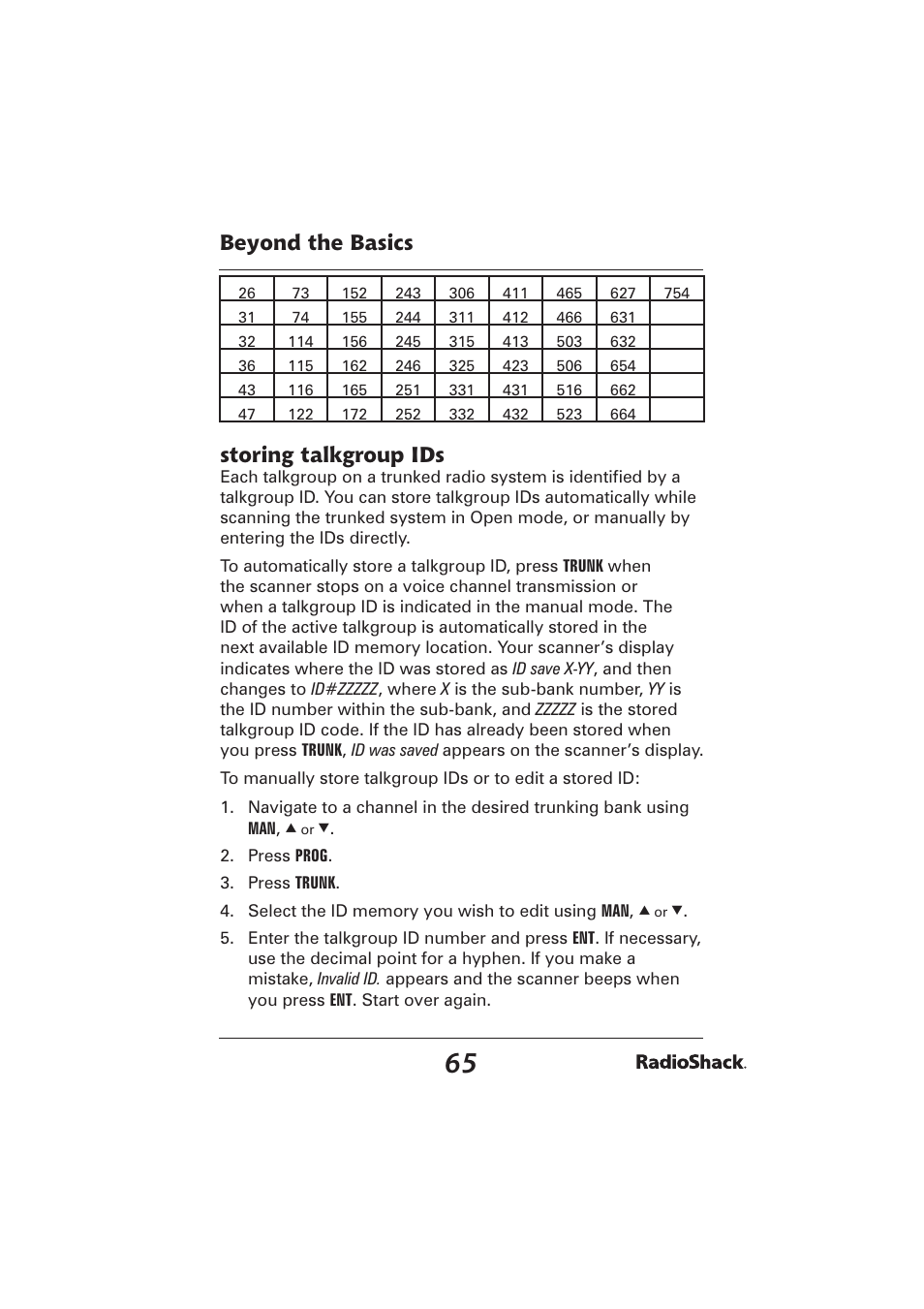 Beyond the basics, Storing talkgroup ids | Radio Shack PRO-2096 User Manual | Page 65 / 84