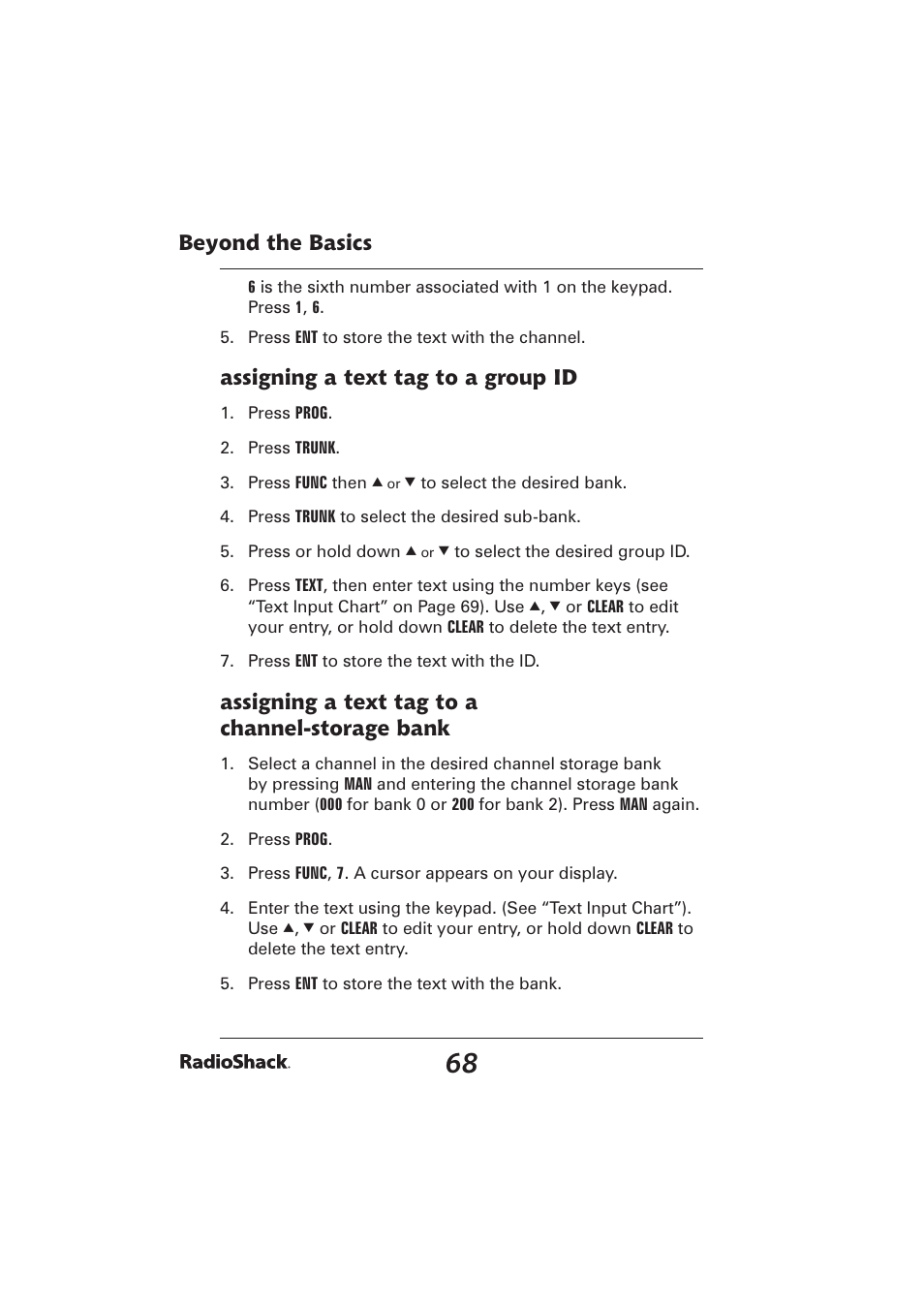 Beyond the basics, Assigning a text tag to a group id, Assigning a text tag to a channel-storage bank | Radio Shack PRO-2096 User Manual | Page 68 / 84
