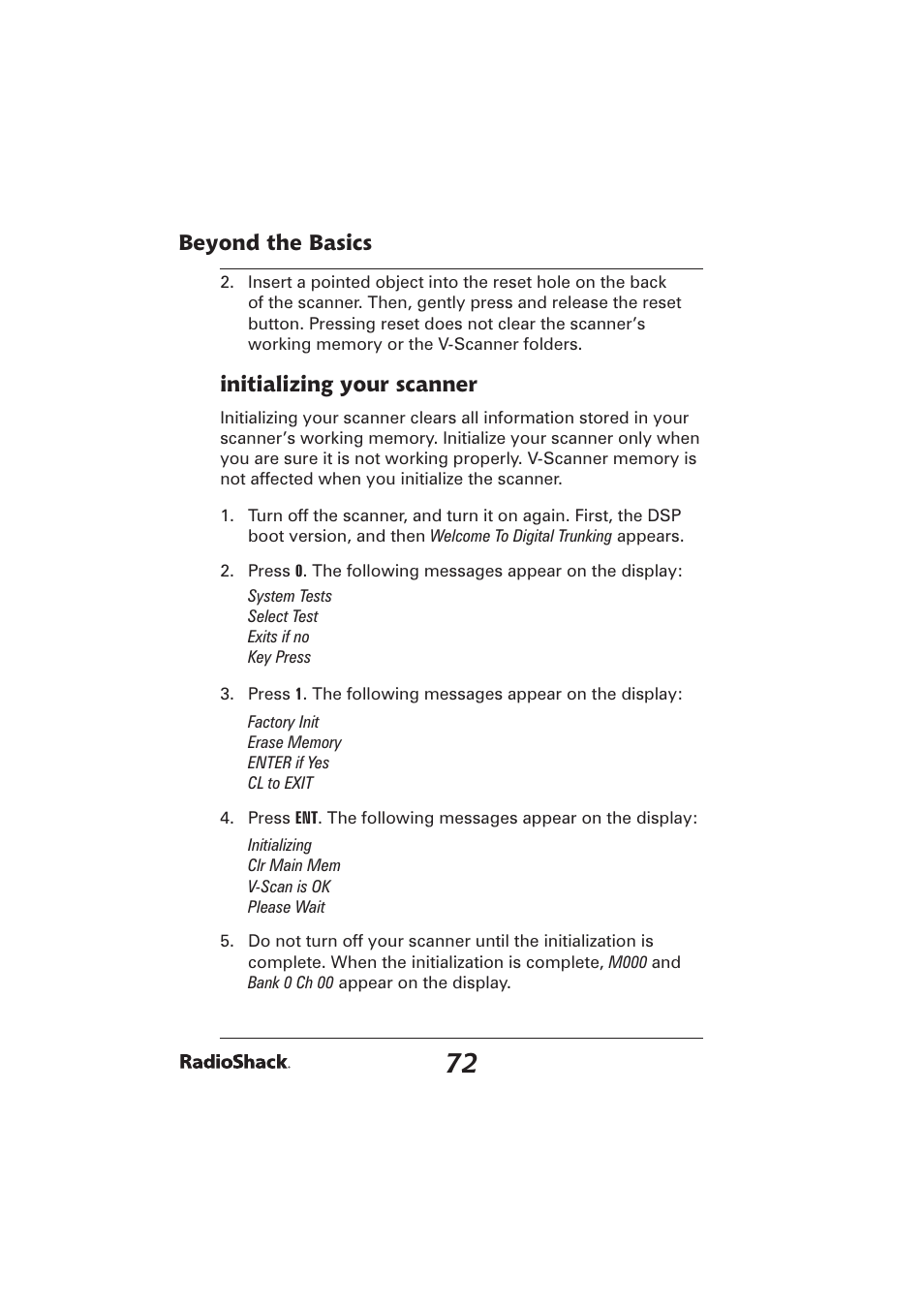 Beyond the basics, Initializing your scanner | Radio Shack PRO-2096 User Manual | Page 72 / 84