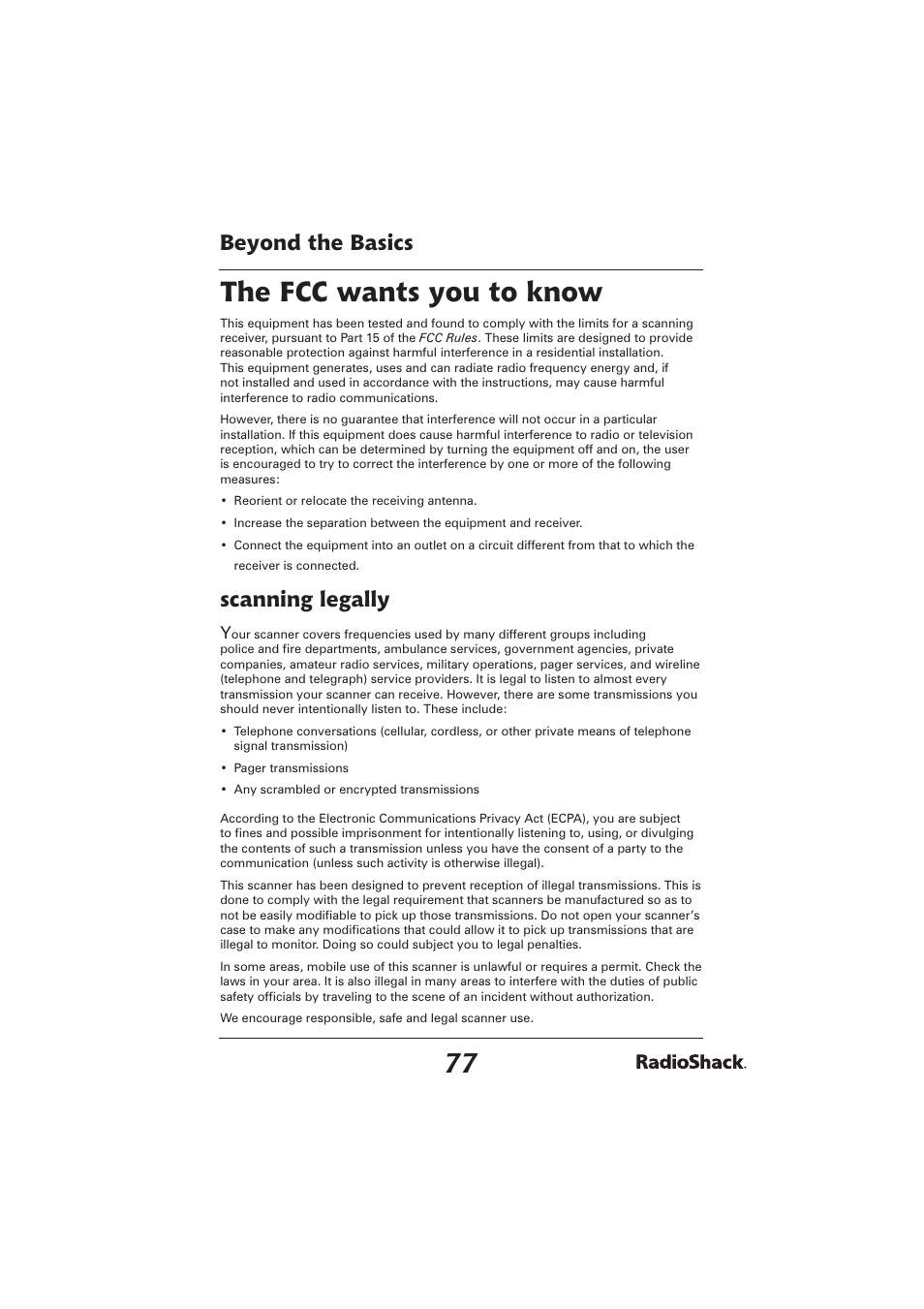 The fcc wants you to know, Beyond the basics, Scanning legally | Radio Shack PRO-2096 User Manual | Page 77 / 84