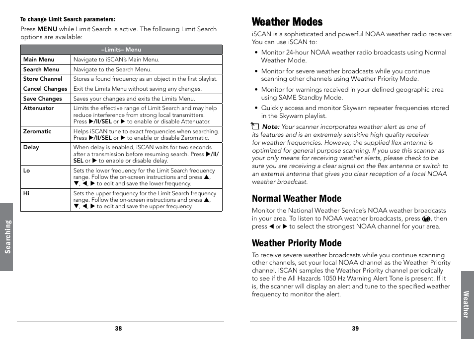 Weather modes, Normal weather mode, Weather priority mode | Normal weather mode weather priority mode | Radio Shack iScan PRO-107 User Manual | Page 20 / 33