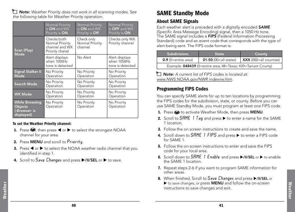 Same standby mode, About same signals, Programming fips codes | About same signals programming fips codes | Radio Shack iScan PRO-107 User Manual | Page 21 / 33