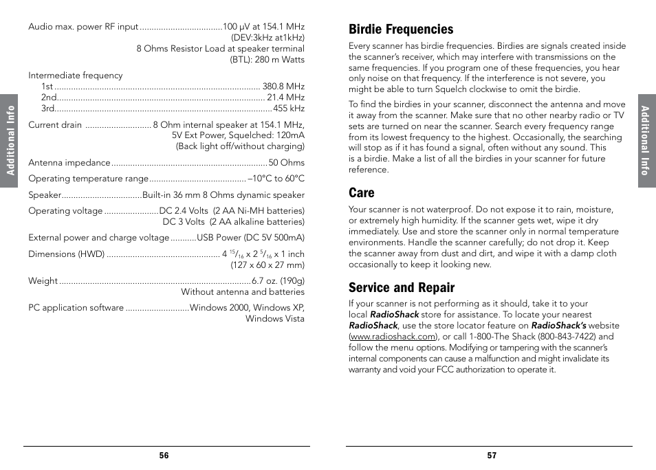 Birdie frequencies, Care, Service and repair | Birdie frequencies care service and repair | Radio Shack iScan PRO-107 User Manual | Page 29 / 33