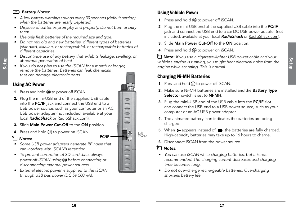 Using ac power, Using vehicle power, Charging ni-mh batteries | Radio Shack iScan PRO-107 User Manual | Page 9 / 33