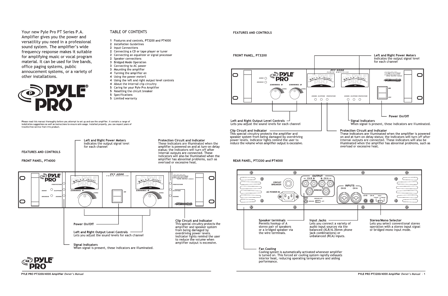 Py t-3200, Py t-4000, Output | Inputs, Channel b, Channel a, Channel a channel b | Radio Shack PT4000 User Manual | Page 2 / 4