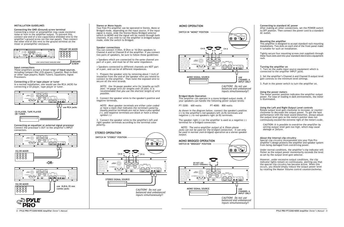 Mono operation, Mono bridged operation, Stereo operation | Ground lift, Mono stereo bridge, Eq or mixer use xlr/6.35 mm combo jacks, Cd player, tape player or tuner, Preamp or mixer use rca jacks, Ground screw, Eq or mixer | Radio Shack PT4000 User Manual | Page 3 / 4