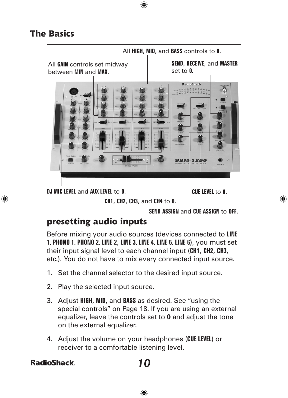 The basics presetting audio inputs | Radio Shack 32-2058 User Manual | Page 10 / 24