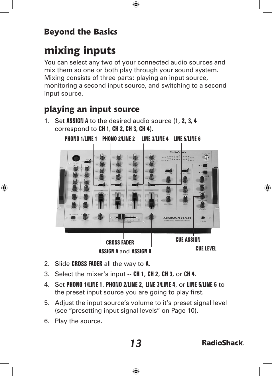 Mixing inputs, Beyond the basics, Playing an input source | Radio Shack 32-2058 User Manual | Page 13 / 24