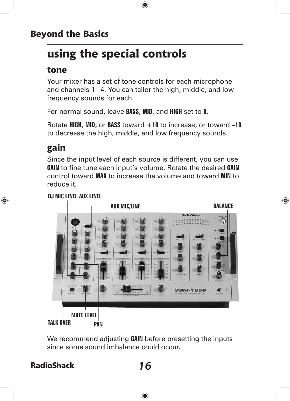 Using the special controls, Beyond the basics, Tone | Gain | Radio Shack 32-2058 User Manual | Page 16 / 24