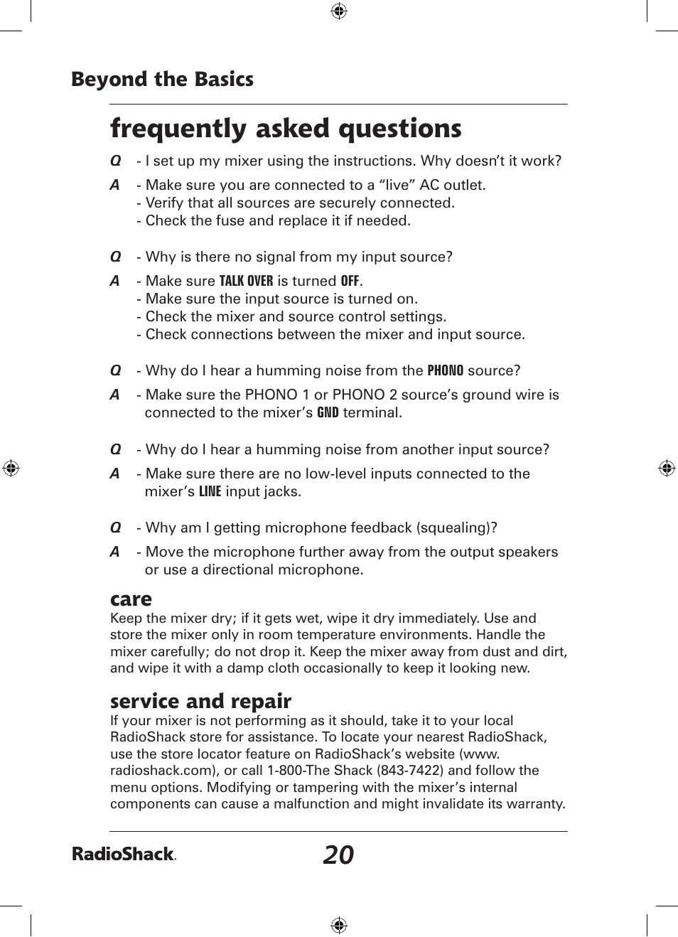 Frequently asked questions, Beyond the basics, Care | Service and repair | Radio Shack 32-2058 User Manual | Page 20 / 24