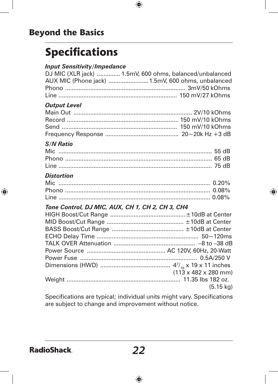 Speciﬁcations, Beyond the basics | Radio Shack 32-2058 User Manual | Page 22 / 24