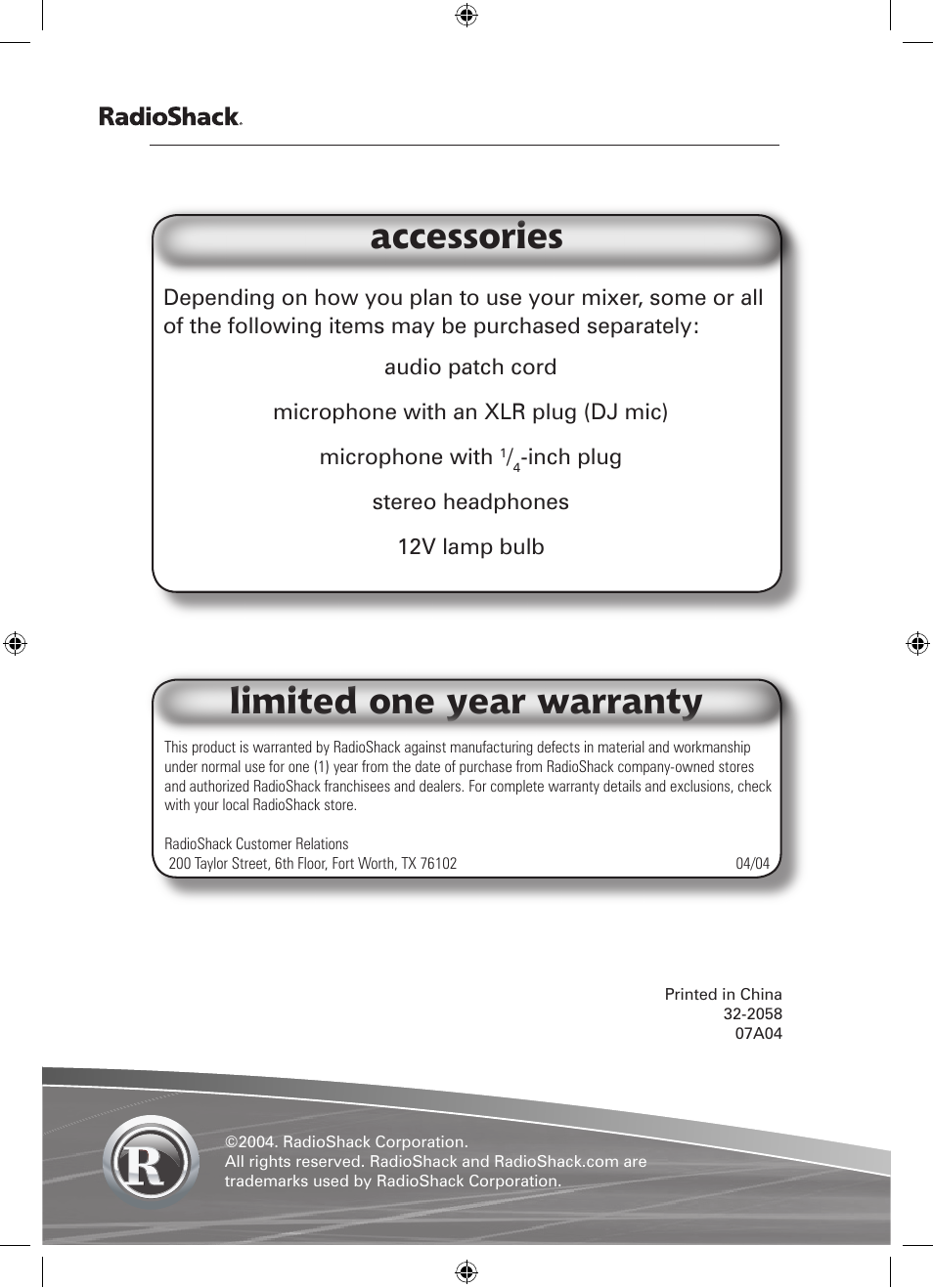 Limited one year warranty, Accessories | Radio Shack 32-2058 User Manual | Page 24 / 24