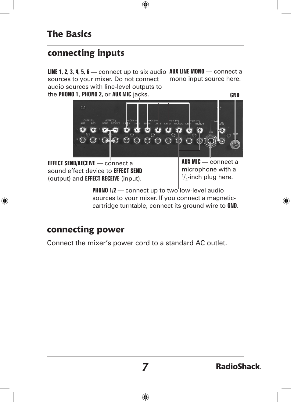 The basics connecting inputs, Connecting power | Radio Shack 32-2058 User Manual | Page 7 / 24