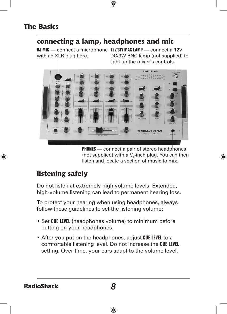 The basics connecting a lamp, headphones and mic, Listening safely | Radio Shack 32-2058 User Manual | Page 8 / 24