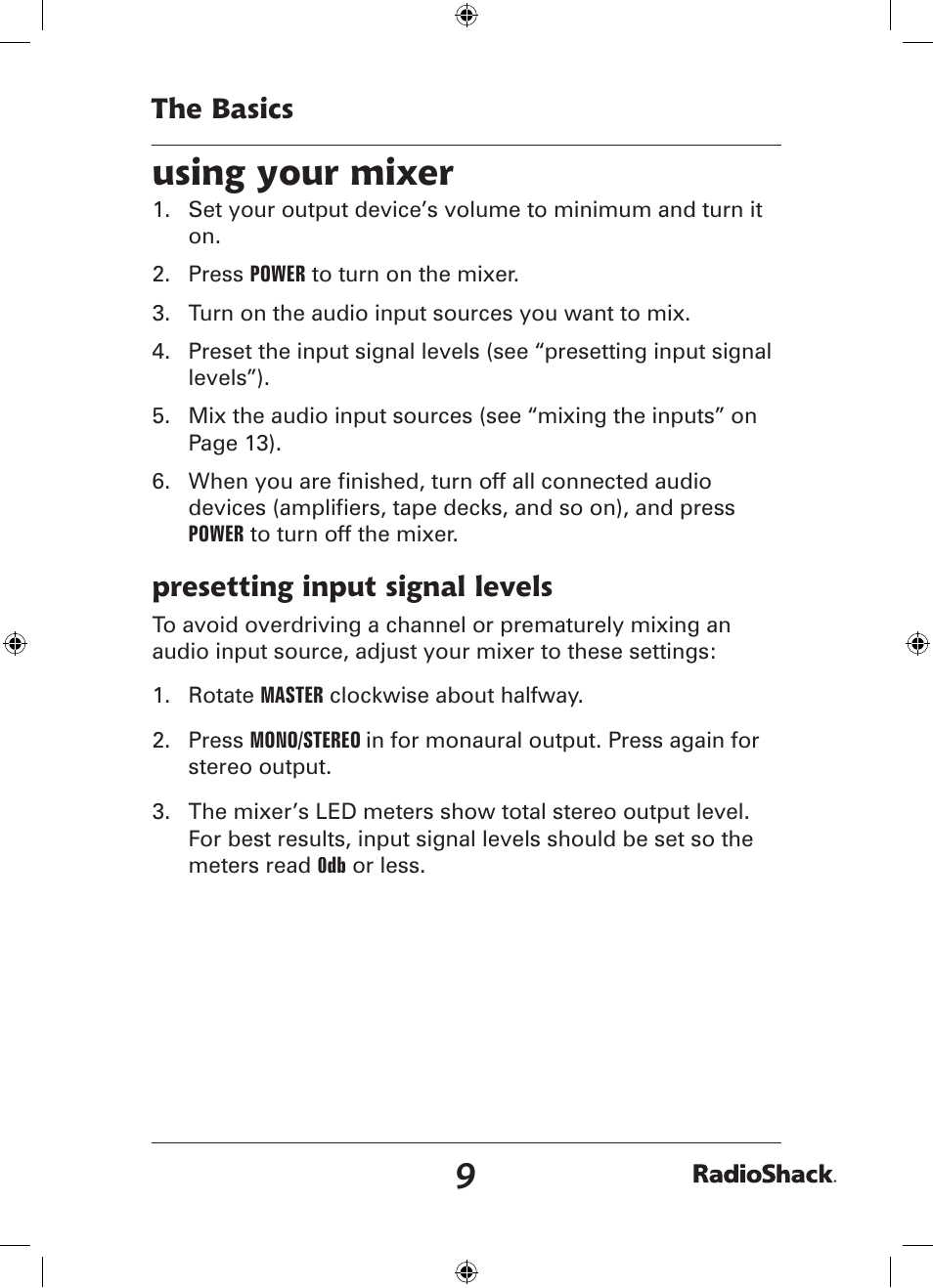 Using your mixer, The basics, Presetting input signal levels | Radio Shack 32-2058 User Manual | Page 9 / 24