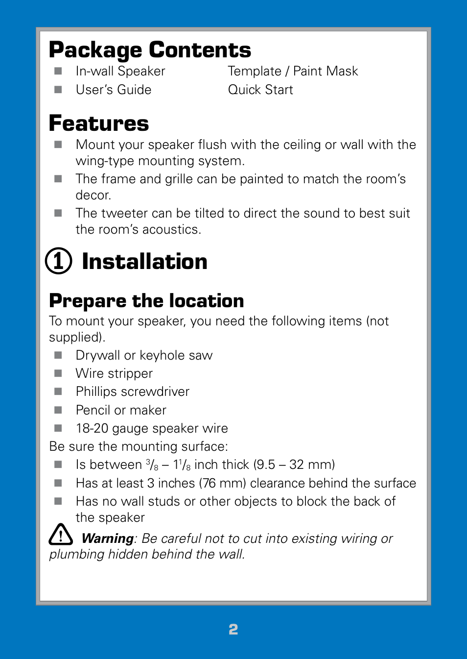 Package contents, Features, Installation | Prepare the location | Radio Shack Auvio 40-290 User Manual | Page 2 / 7