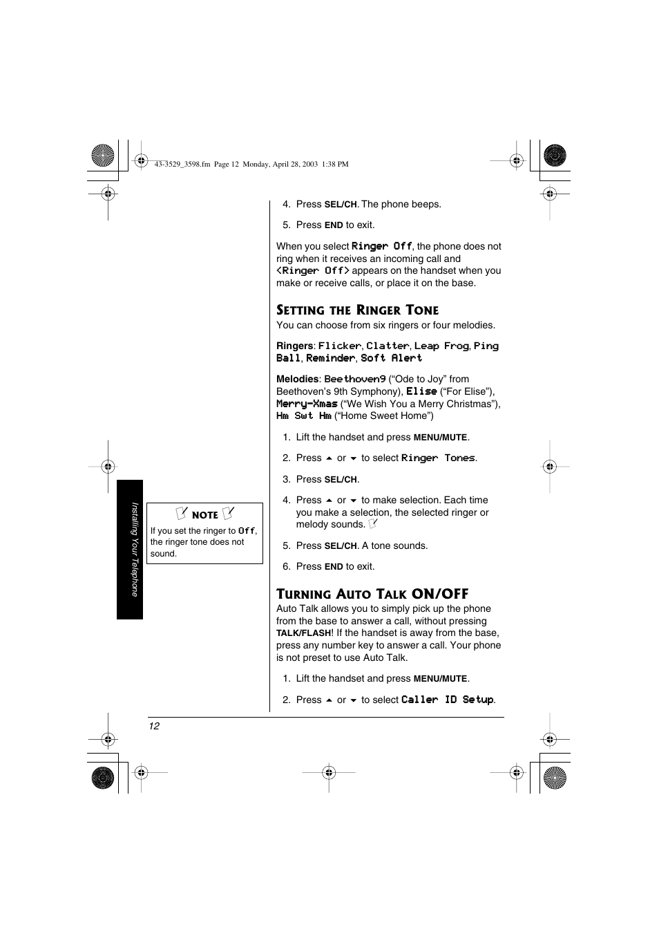 Setting the ringer tone turning auto talk on/off | Radio Shack 43-3529 User Manual | Page 12 / 36