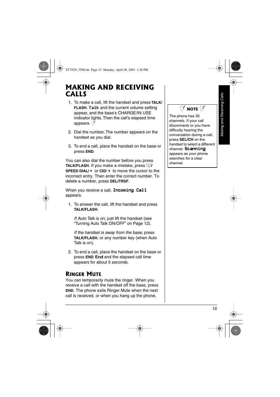 Making and receiving calls, Ringer mute | Radio Shack 43-3529 User Manual | Page 15 / 36